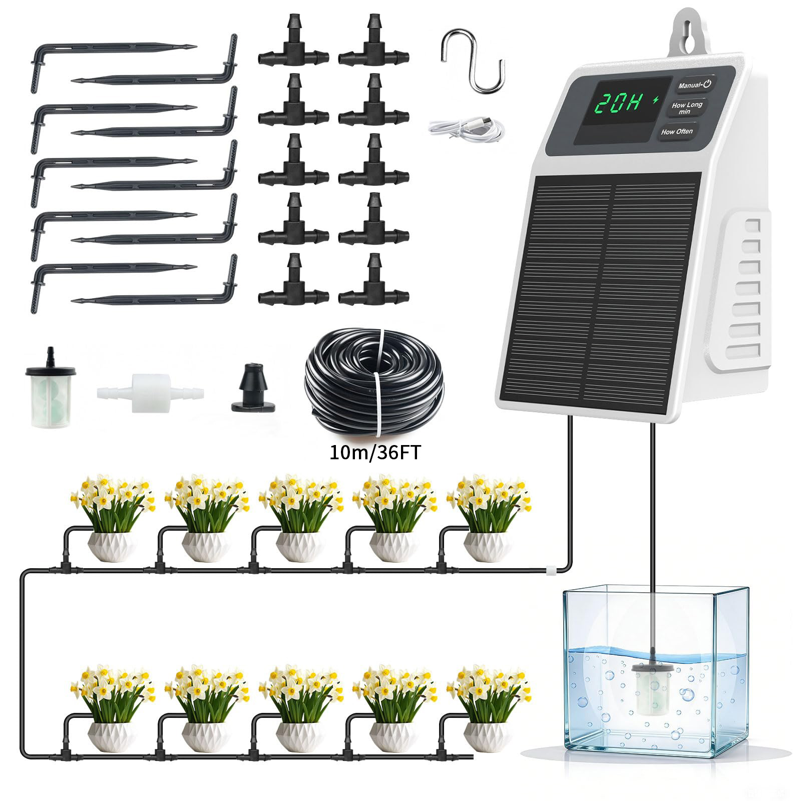 Smart Urban Garden - ระบบให้น้ำหยดด้วยพลังงานแสงอาทิตย์แบบอัตโนมัติรุ่นอัปเกรด อุปกรณ์รดน้ำต้นไม้สำหรับบ้าน สวน ระเบียง โรงเรือน และต้นไม้แขวน
