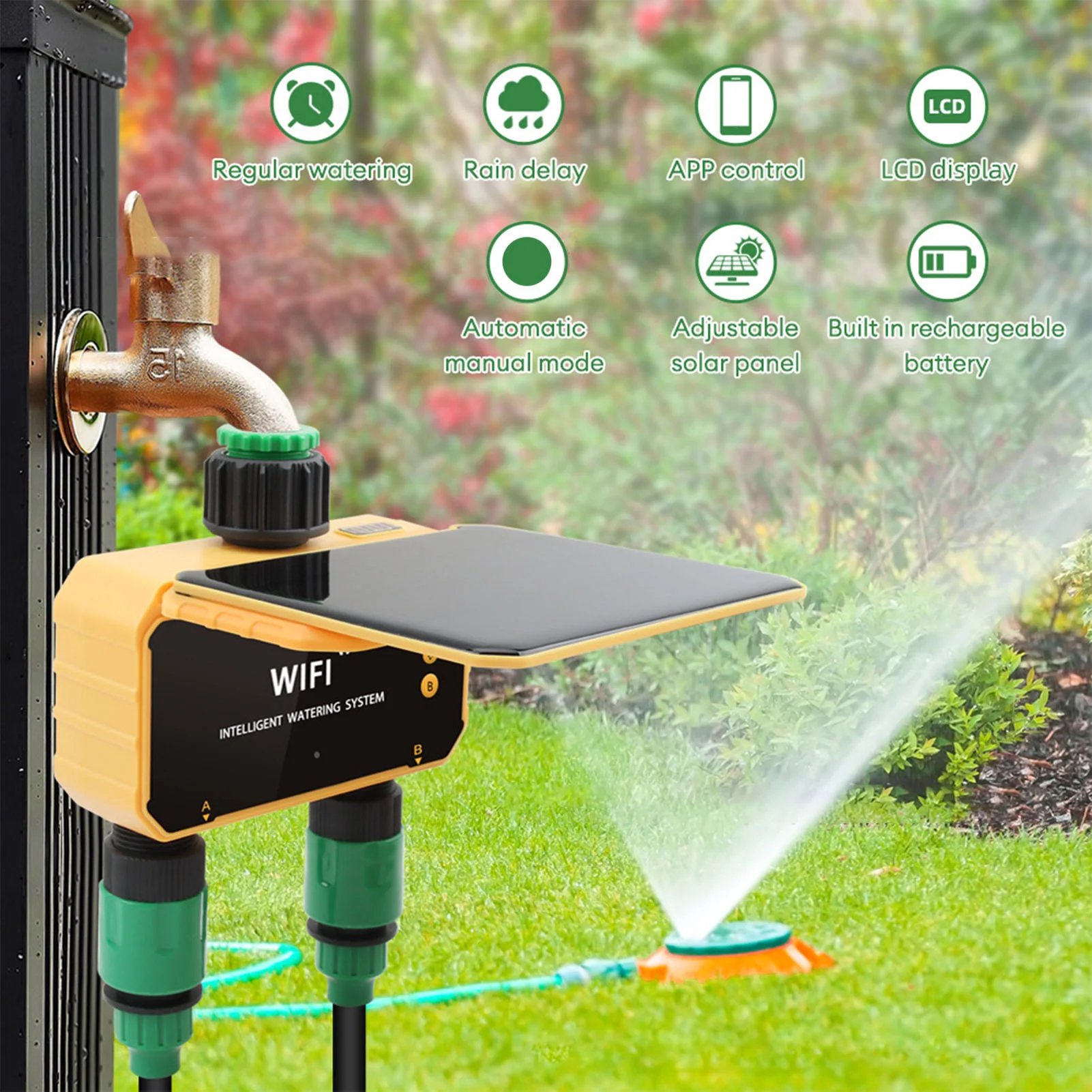 App Smart Garden - ตัวตั้งเวลาควบคุมการรดน้ำอัจฉริยะแบบโซลาร์ไวไฟ พร้อมฟังก์ชั่นตรวจจับฝน ควบคุมผ่านแอพพลิเคชั่น 2 ช่องจ่ายน้ำ สำหรับสวนและสนามหญ้า